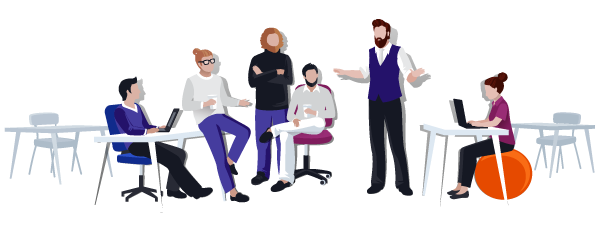 A group of illustrated business people sitting in a workshop.